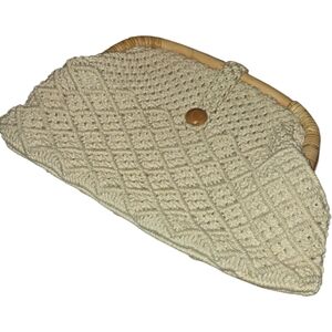 Vintage Ernest Boho Macrame Clutch Bamboo Handle Natural Woven Purse